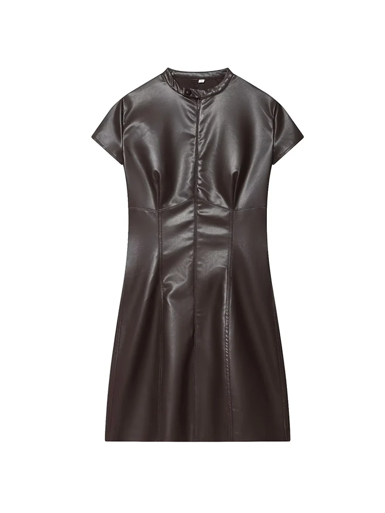 New Women's Faux Leather Mini Dress Sexy Slimming PU Leather Zipper Short Sleeve Dress Solid Color Ladies Party Club Dress