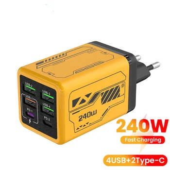 Caricatore per telefono cellulare a ricarica super veloce da 240 W 6 porte 4USB + 2 Tipo C USB3.0 PD3.0 Caricatore UE/Regno Unito/USA per Iphone 17 16 Samsung POCO