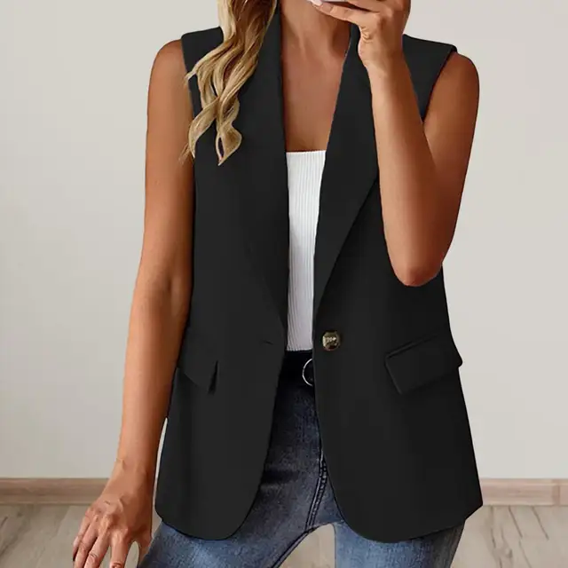 Women Summer Waistcoat Sleeveless Business Vest Coat Solid Color Lapel Pockets Single Button Straight Formal Style Commute Coat 3