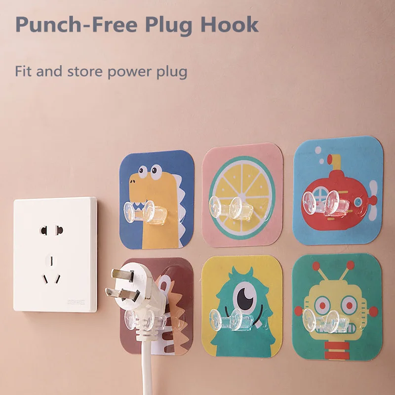 1~4PCS Multifunctional Punch-free Plug Hook Cartoon Animal Wall Hanging Storage Multi-function Adhesive Power Cord Socket Hanger