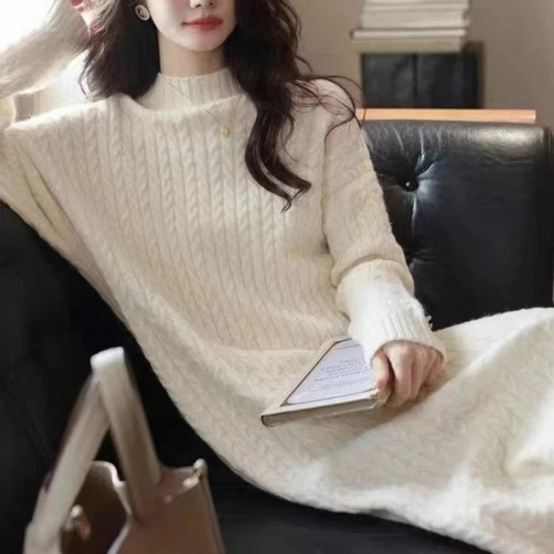 

Korean version long sleeved knitted dress for women's fashionable autumn and winter new style lining skirt loose woolen dress
