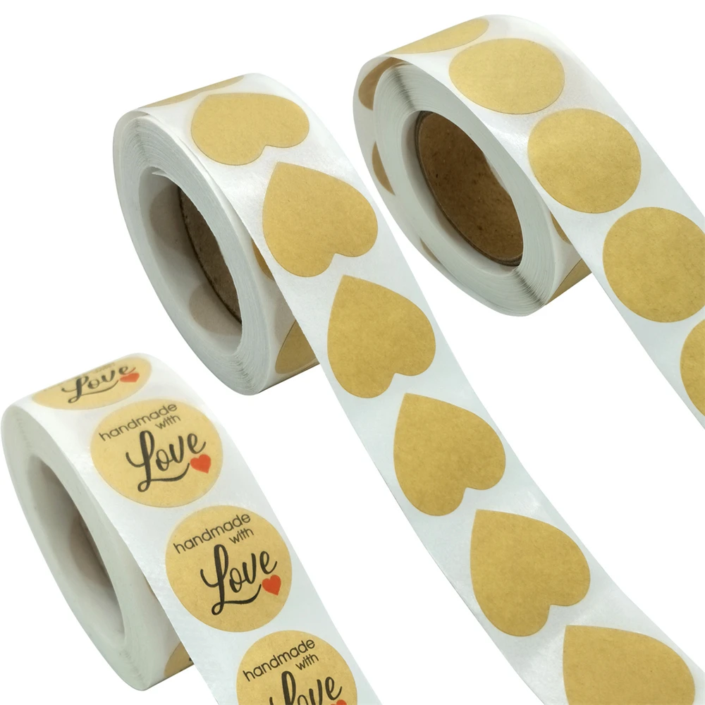 500 Pcs Kraft Heart Round Self-Adhesive Labels - Personalized DIY Stickers Baking, Item Classification Gift Tagging
