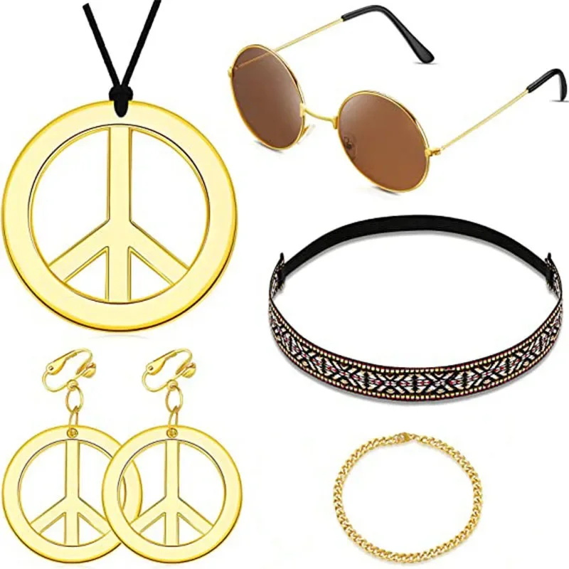 Set Accessori Hippie Anni '60-'70 - Occhiali Rotondi, Collana Pace E Corona Fiori Per Capelli | Per Feste E Costumi - Foto 7