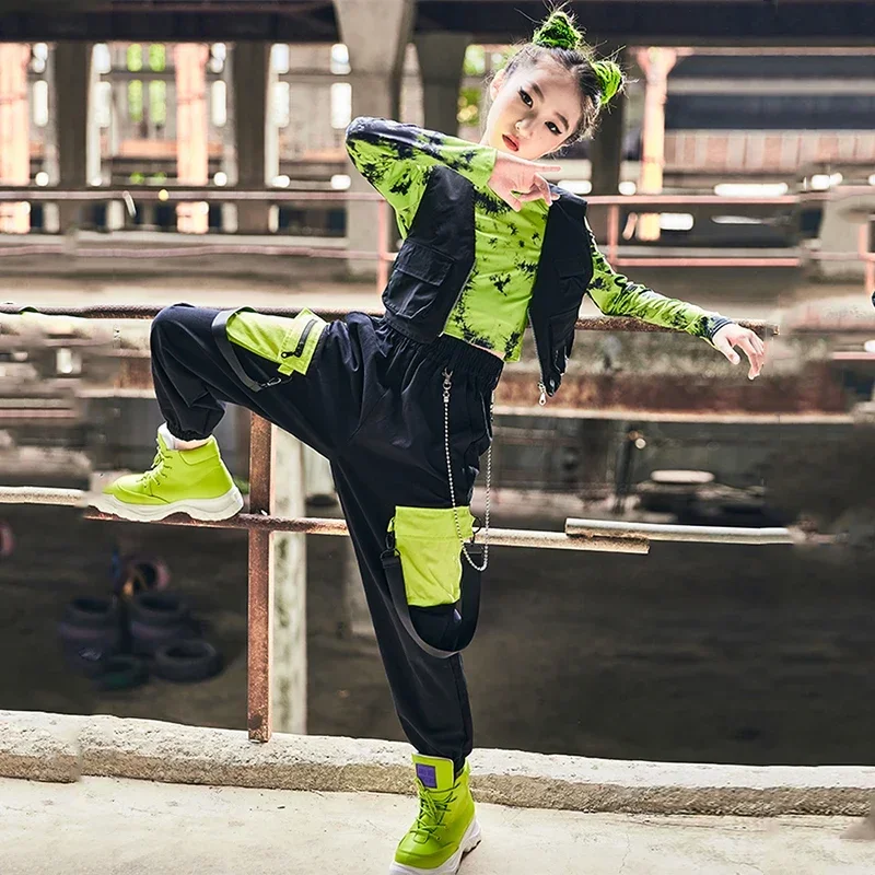 Girls Green Crop Tops Vest Cargo Pants Kids Catwalk Modern Jazz Performance Wear Stage Costume Hip Hop Dance Clothes