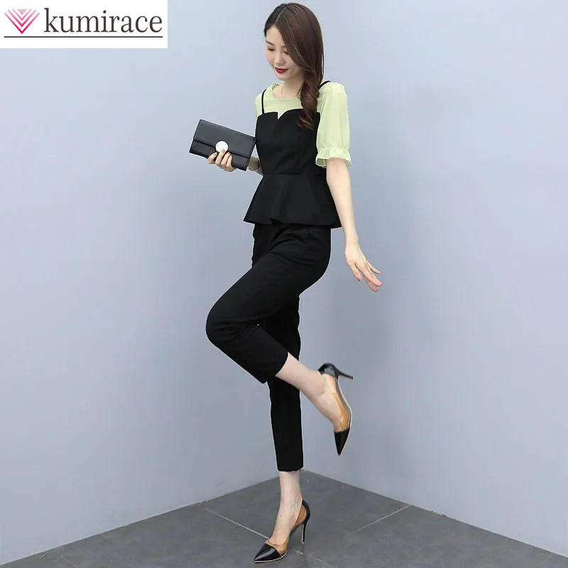 2022 Summer New Chiffon Stitching Pants Set Sexy Lace Ruffle Sleeve Top Casual Trousers Two-piece Set Office Tracksuit