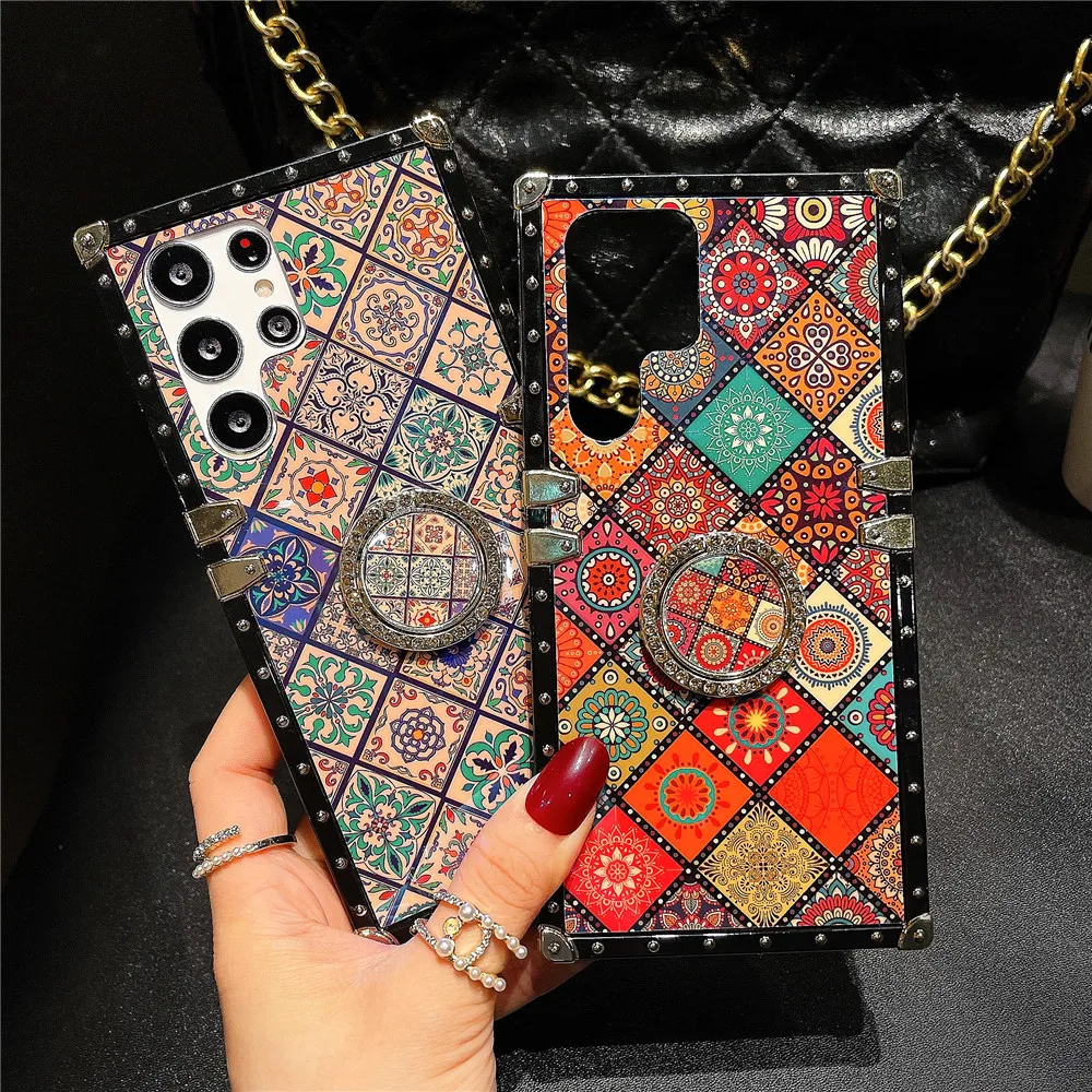 Luxury Flower Cover Geometric Pattern Square Leather Case For