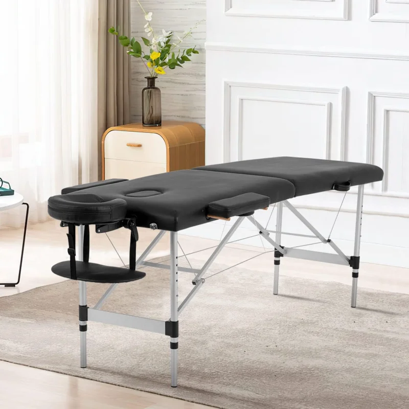 mainstays 4 foot fold in half adjustable folding table rich black Aluminum Massage Table Portable Massage Bed Height Adjustable Spa Bed 2 Fold Facial Tattoo Salon Bed Case (Black)