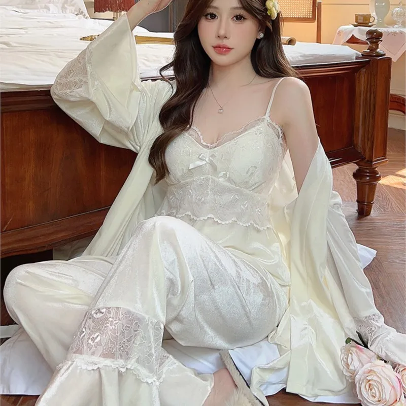 

Women's Suspenders Long Sleeve Nightgown Three-Piece Suit with Chest Pad Can Be Worn outside Gold Velvet Home Wear