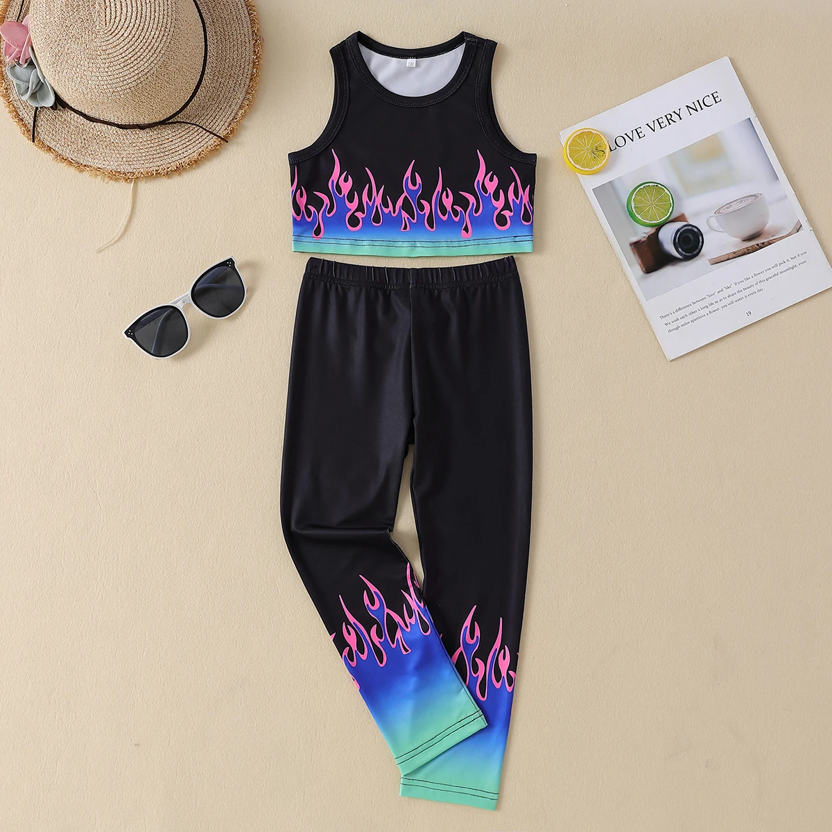

Summer Children's Little Girls Suit Sleeveless Gradient Fire Pattern New Fashion Street Style Comfortable Fabric