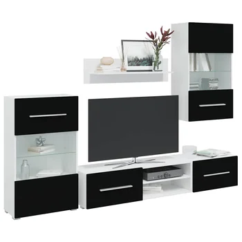 Mobile TV 5 pezzi con illuminazione a LED in truciolare nero opaco lusso moderno, decorazione interna, soggiorno, arredamento per la casa, supporto per monitor 1