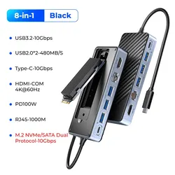 Enhanced USB-C Hub with SSD Enclosure and 4K HDMI - 100W PD, RJ45, SDTF, 10Gbps for 8TB M.2 NVME SATA SSD (8-in-1 RJ45 1000Mbps)