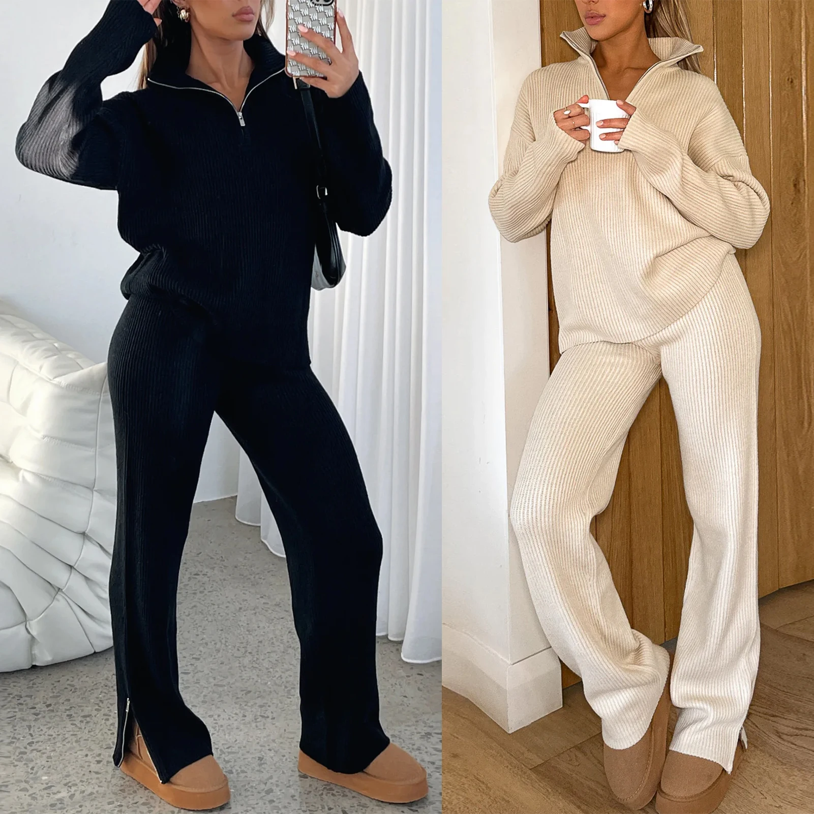 Simple Casual Loose Top Pants Knitted Suit main image 1