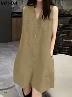 VONDA Women Short Jumpsuits Summer Sexy Sleeveless Rompers Casual Loose Fashion V Neck Pockets Solid Playsuits Party Overalls