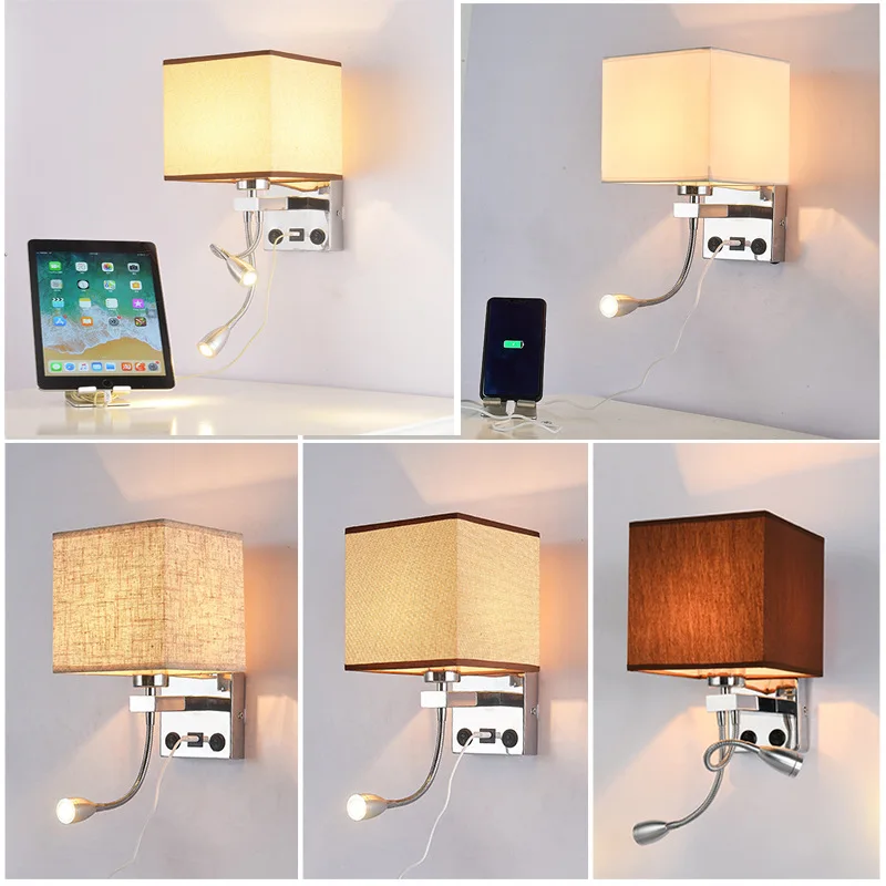 

Modern Simple USB Port Charging Wall Lamp Hotel Bedroom Bedside Square Fabric Wall Sconce With Led Spotlight Rocker Switch