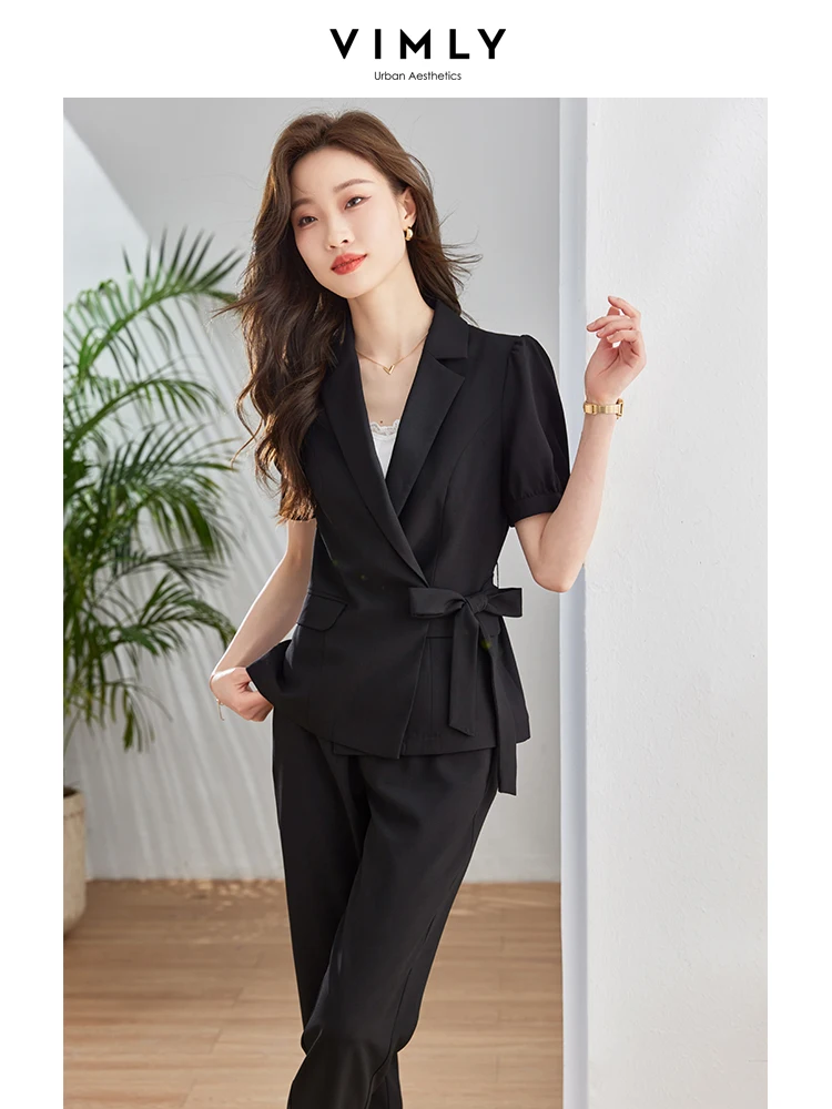 Vimly Elegant Black Women's Suit Blazers and Pants Set 2023 Summer Short Sleeve Wrap Lace-up Slim Blazers Jacket 2 pieces Set