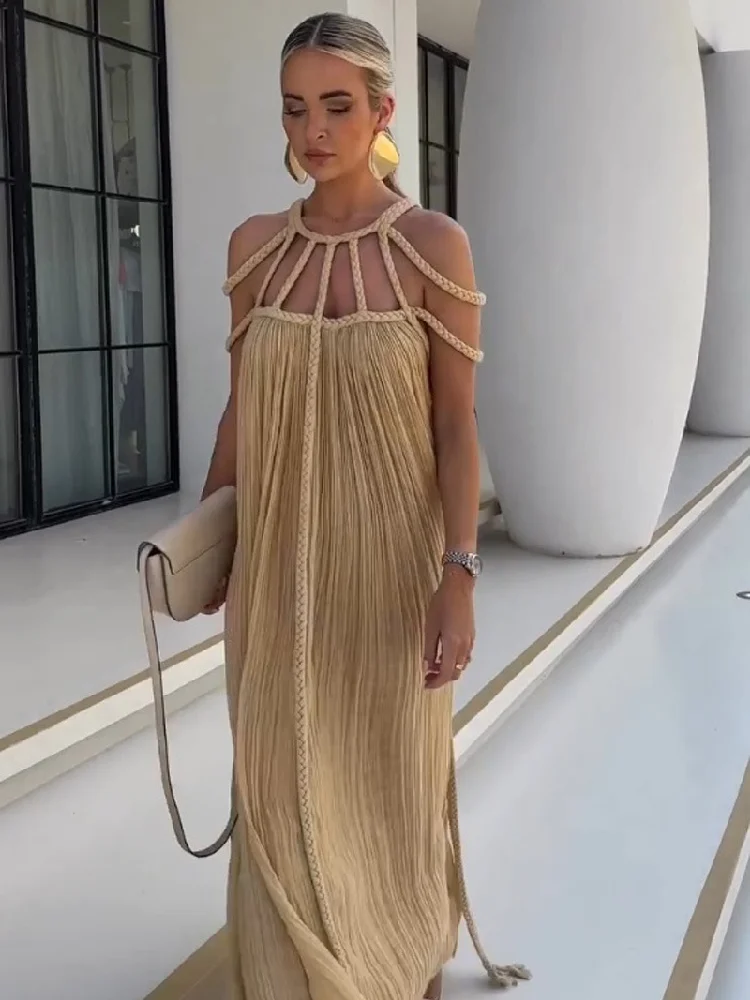 

Brangdy Women Drawstring Loose Long Dress Ladies Sleeveless Backless Dresses Summer Holiday Hawaii Beach Casual Vestido 2024 NEW