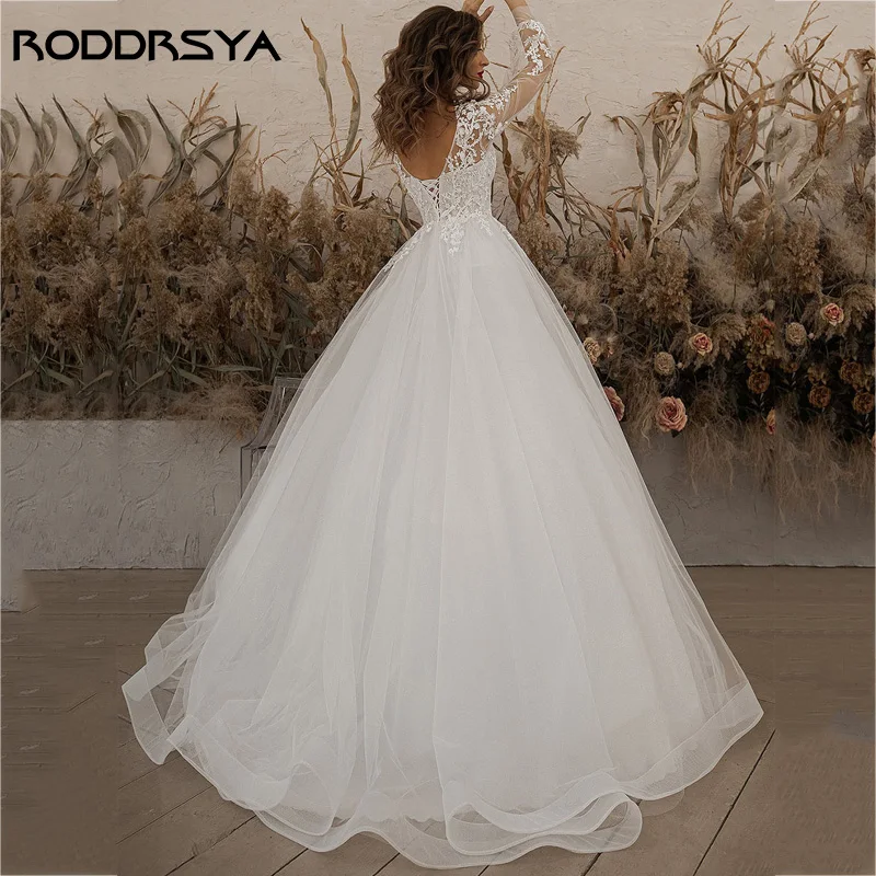 Roddrsya Elfenbein Brautkleider Langarm Applikationen Schnürung U-Ausschnitt A-Linie Tüll Boho Brautkleid 2024 vestido de noiva StrandRODDRSYA Elfenbein Brautkleider Langarm Applikationen Lace Up U-Ausschnitt A-Linie T