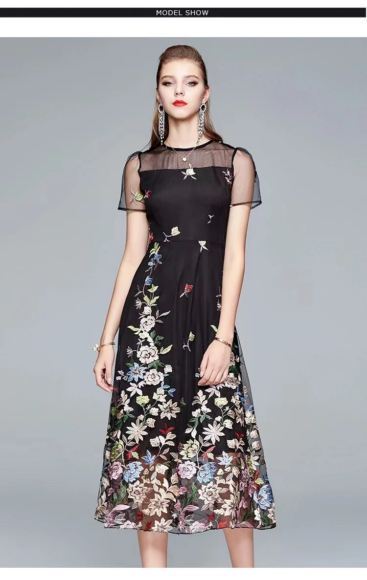 

High Quality Elegant Fashion Dresses 2023 For Women Lace Floral Embroidery O-neck Sexy Luxury Party Club Summer