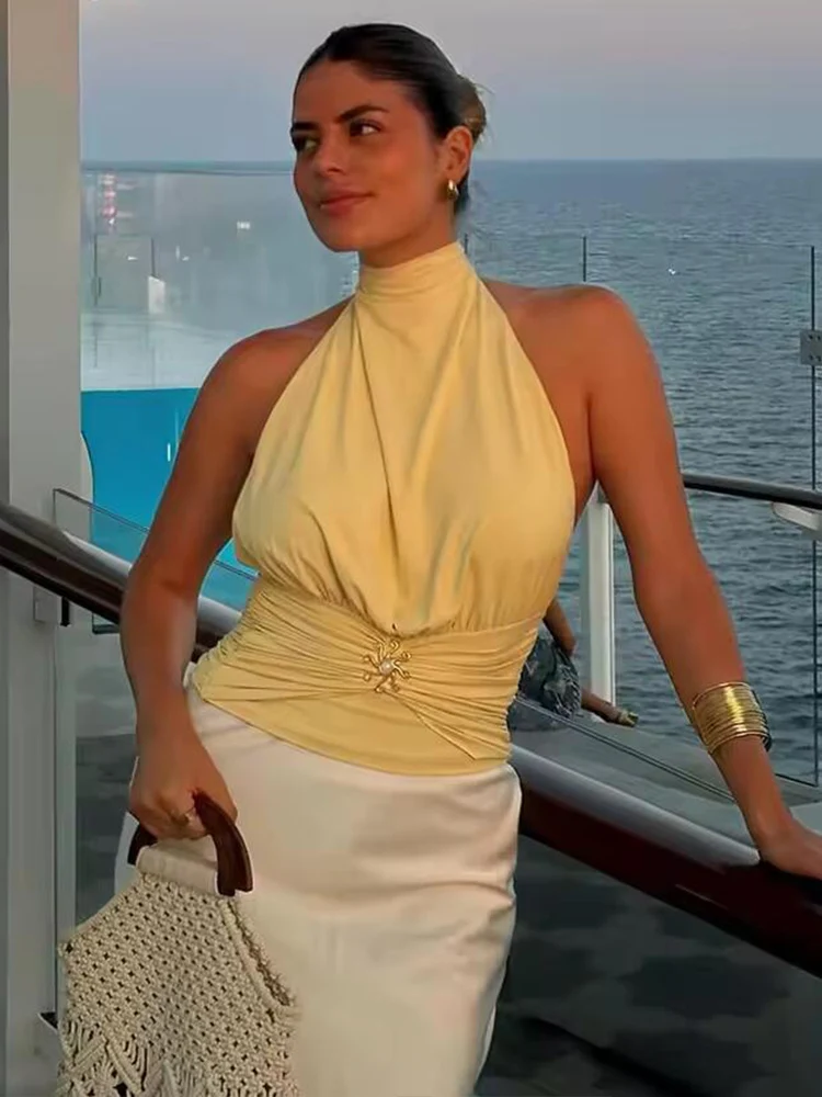 2025 New Fashion Women Tops Sleeveless Backless  Elegant Short Tops For Women Metal Sun Flower Decoration Sexy Party Top