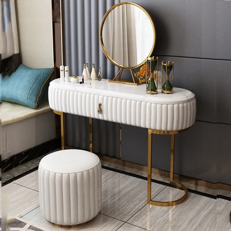 

modern luxury Dressing Table Marble Top steel legs console table with mirror and stool for bedroom furniture