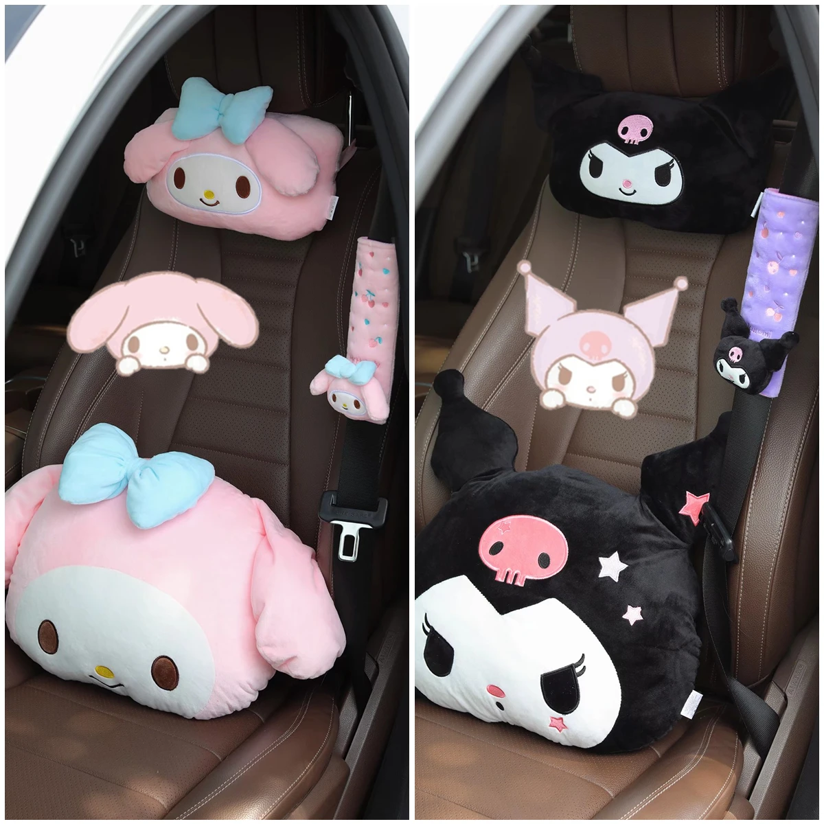 Sanrio Cute Kuromi Car Headrest Safety Seat Belt Cover Kawaii Cuscino Posteriore In Stile Giapponese Peluche My Melody Car Decoration Gifts