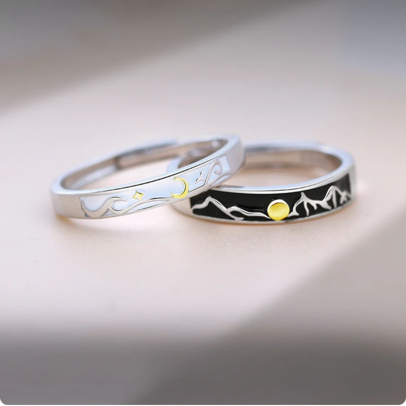 

999 Sterling Silver Sun Moon Protection Adjustable Couple Ring