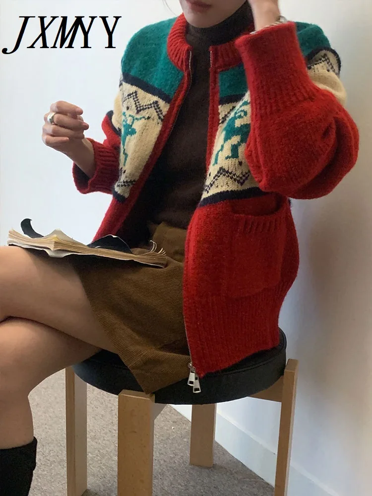

JXMYY Autumn and Winter Fashion New Product Retro Contrast Deer Jacquard Sweater Zipper Pocket Knitted Cardigan Women's Wear