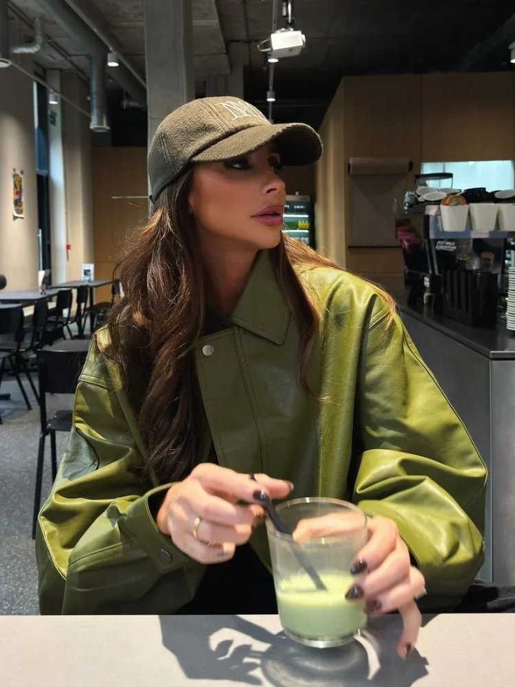 Fashion Green Leather Sleeve Loose Jacket Women Chic Laple Zipper Cropped Short Coats 2024 New Lady Casual High Street Outerwear 2