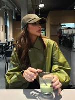 Fashion Green Leather Sleeve Loose Jacket Women Chic Laple Zipper Cropped Short Coats 2024 New Lady Casual High Street Outerwear 2