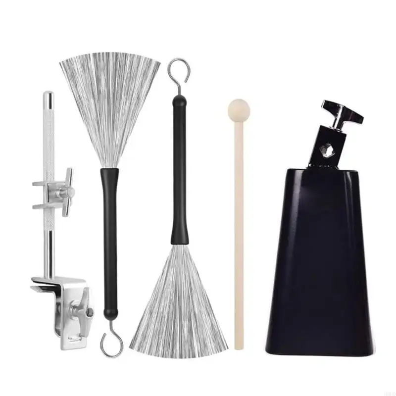 Komplettes Drum Cowbell-Klemmen-Set inklusive 6-Zoll-Metallglocke, zwei Bürsten und Holztrommelstock für Percussion-Zubehör 69HD – Detail 8