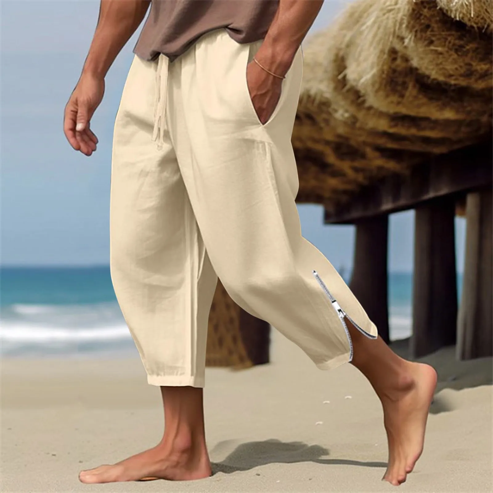 Men'S Linen Pants Summer Beach Pants Drawstring Elastic Waist Zippered Legs Solid Business Casual Trousers Men Little Year