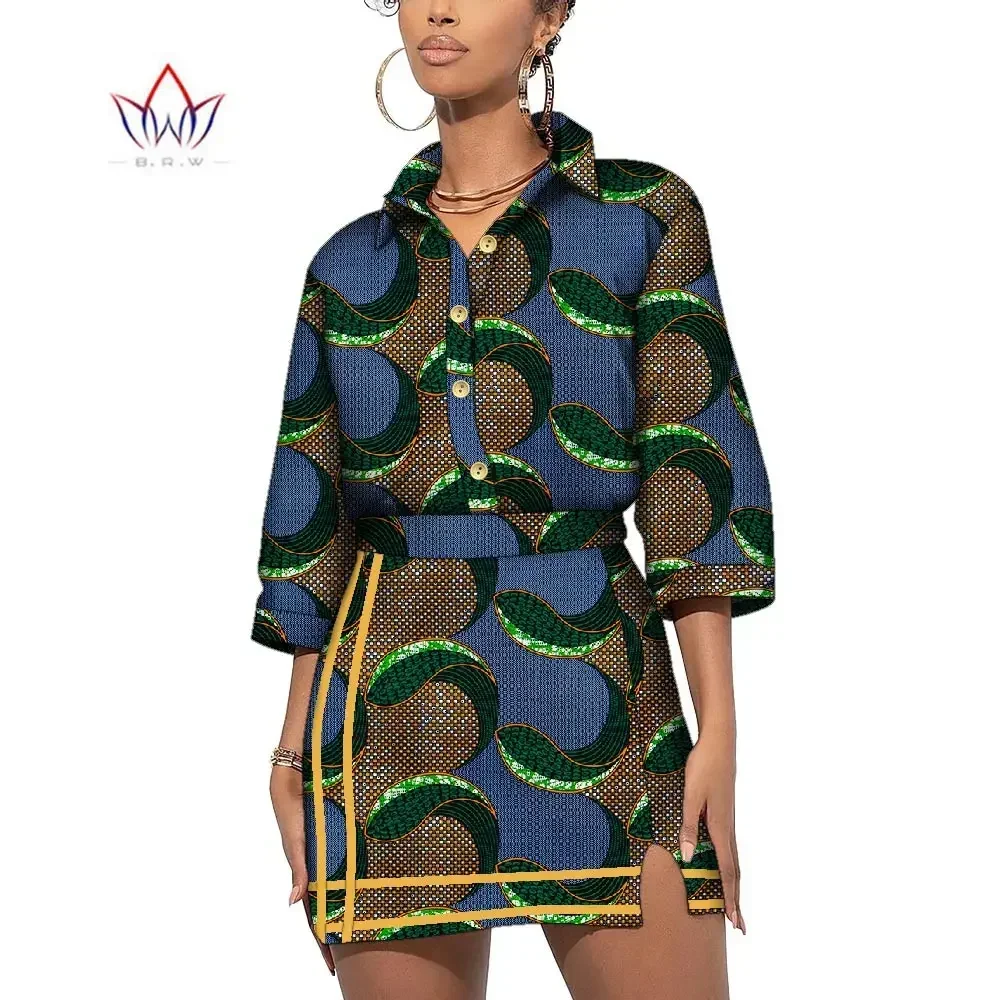 

Women Shirt and Mini Skirts Sets Riche Blouse African Clothes Cotton Print Sexy Top 2 Pieces Sets African Women Clothing WY10192