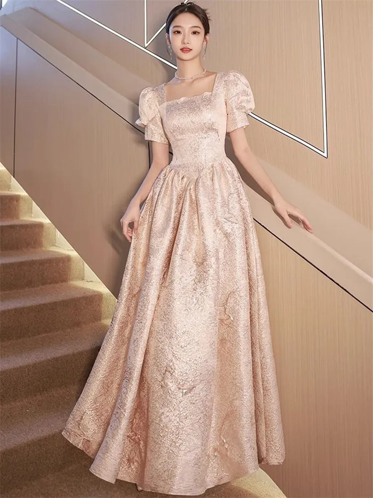 

Dress Women's Elegant Solid Color Square Collar Lantern Sleeve Long A-line Skirt Senior Spring and Summer Female Clothing M085