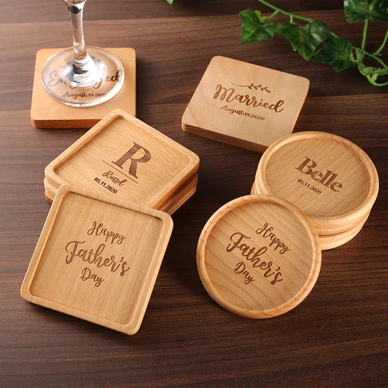 

Personalized Wedding Decor Coaster Free Custom Wooden Cup Pad Tea Coffee Mug Drinks Holder Tableware Decorative Home Coaster