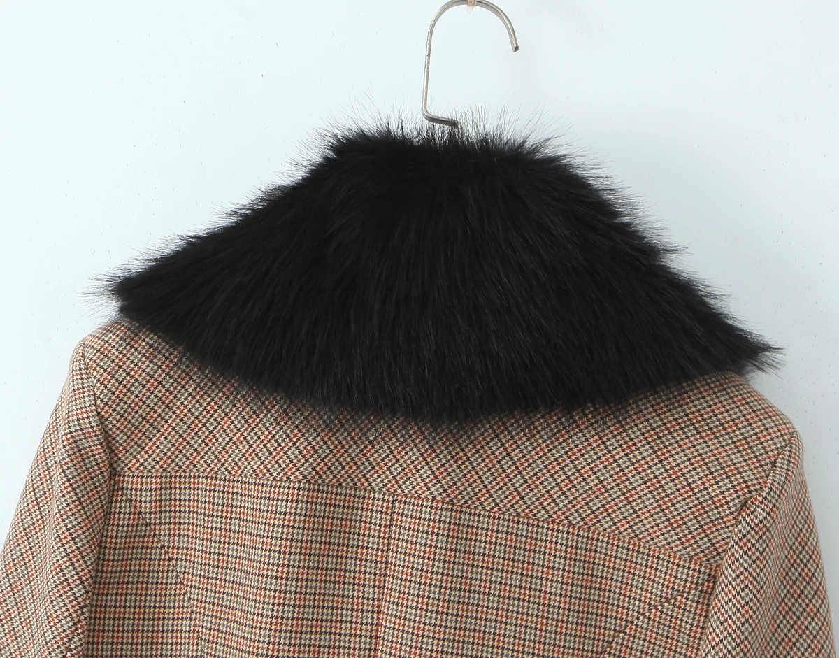 2 pieces 1 set Women Slim Boning Waist Removable Faux Fur Collar Houndstooth Plaid Blazer + High Waist A line Mini Skirt Suits