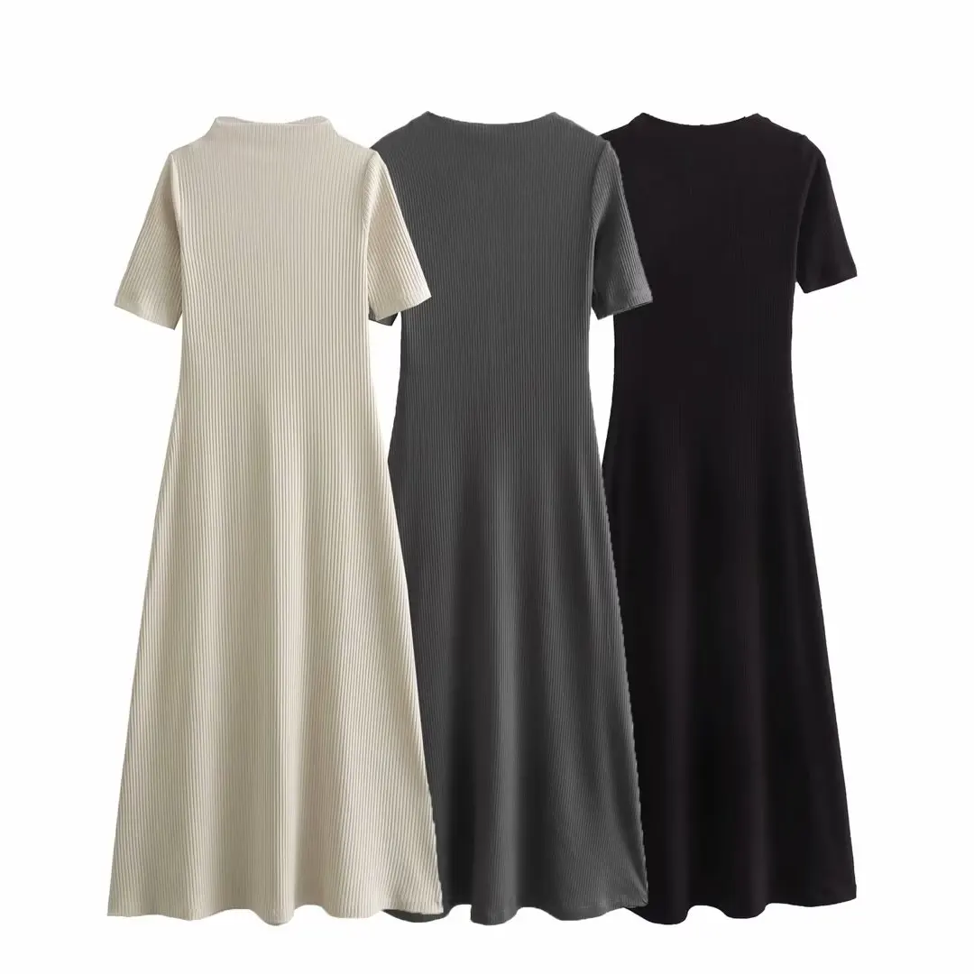 

Women New Chic Fashion A-line hem ribbed Pleated Slim Midi Dress Vintage Half high collar Short Sleeve Female Dresses robe Mujer