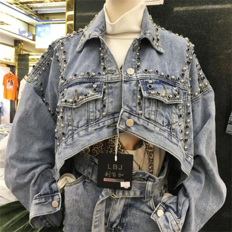 

Rivet denim jacket women's spring and autumn new trendy loose bf all-match long-sleeved short coat