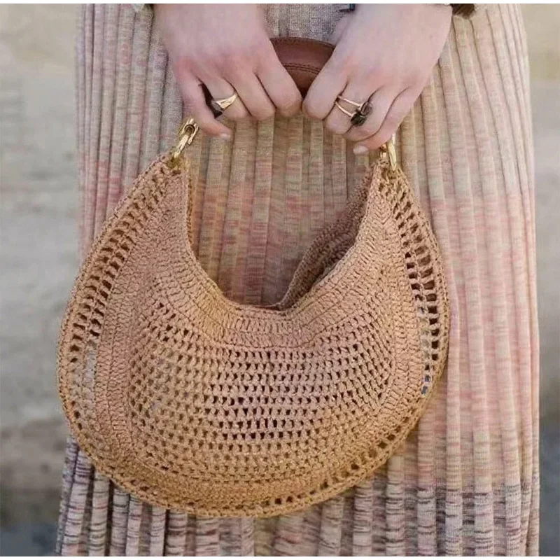 Luxuriöse Gewebte Crescent Schultertasche Modische Strohtasche Damen_voghion.com