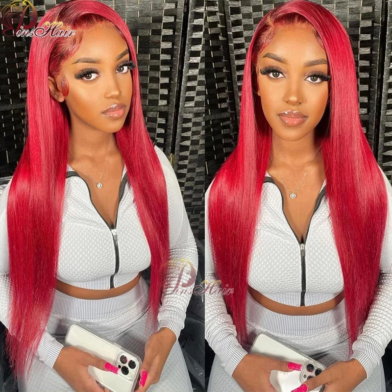 레드 13X6 레이스 프론트 인모 가발, 프리 플러킹된 13X4 스트레이트 투명 레이스 프론탈 가발, 버건디 99J 레이스 프론트 가발 (여성용)