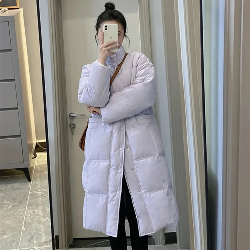 2020 winter new down jacket women mid length korean loose fashion straight small white duck down thick coat white winter coats Loose All-Matching Down Jacket Women's Mid-Length White Duck down Thick Warm Figure Flattering Winter Coat
