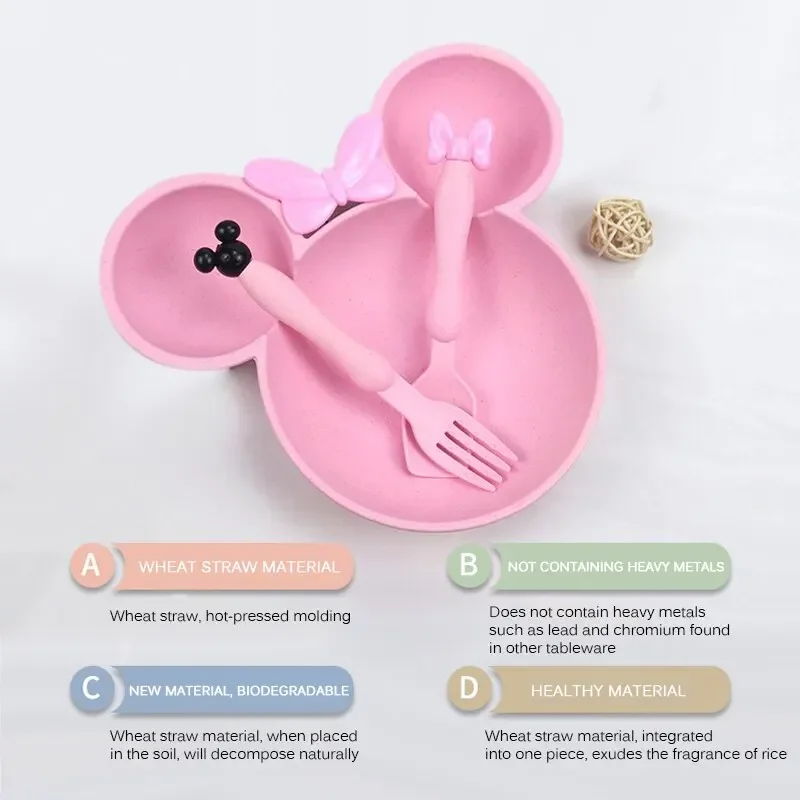 Tableware Set 3Pcs/set Cartoon Baby Bowl Tableware Set Wheat Straw Children's Dishes Kids Dinner Feeding Plate Bowknot Food Plate Spoon Fork