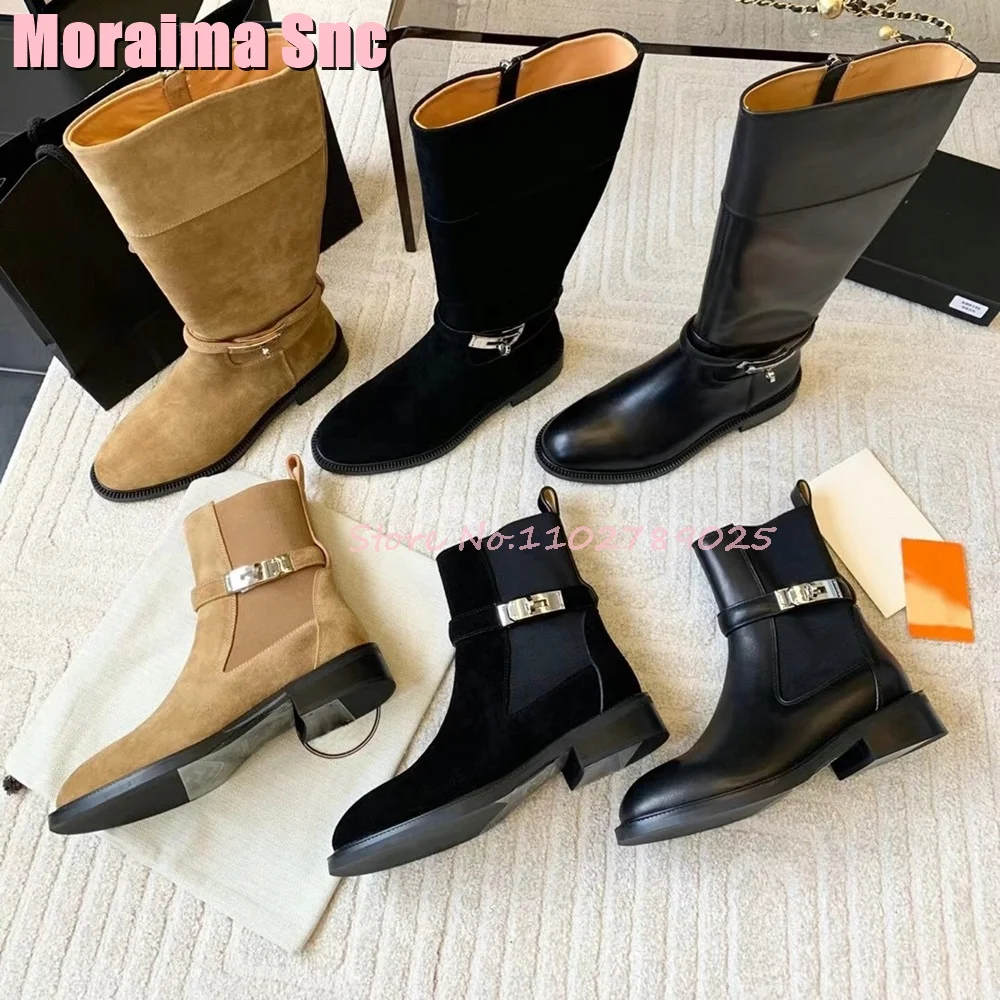 

Metal Buckle Round Toe Ankle Boots Block Mid Heel Side Zipper Suede Leather Fashion Women Autumn Winter Long Boots Khaki Solid