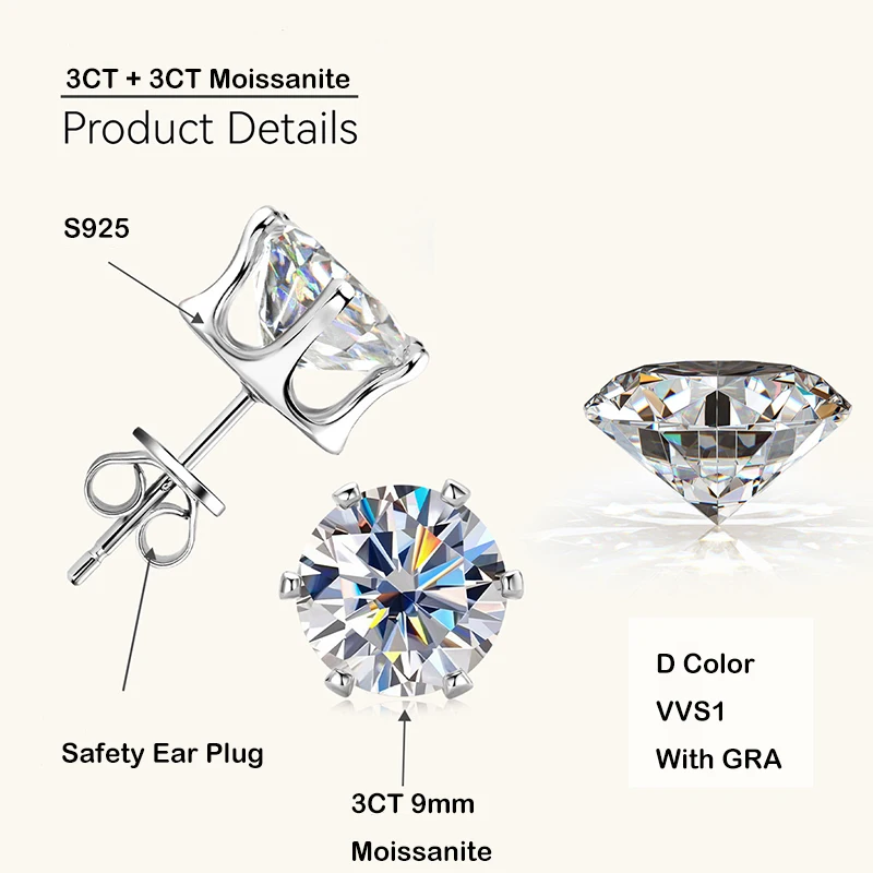 EWYA 스파클링 리얼 모이사나이트 스터드 귀걸이, 여성 및 여아용, S 도금, 18K 다이아몬드 귀걸이, 0.1-3CT, D 컬러