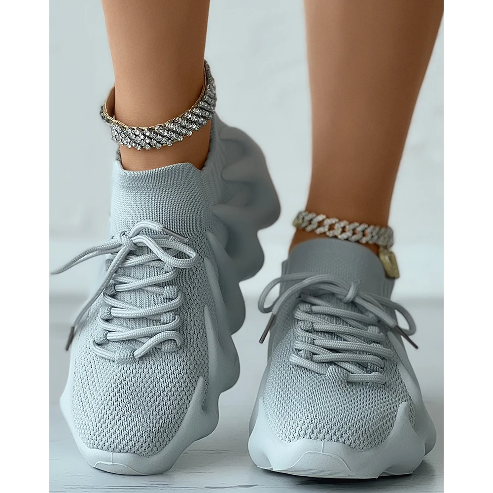 

Spring Rib-knit Lace-up Women Sneakers Daily Casual Platform Round Toe Sports Shoes Autumn Solid Color Going Out Zapatos Mujer