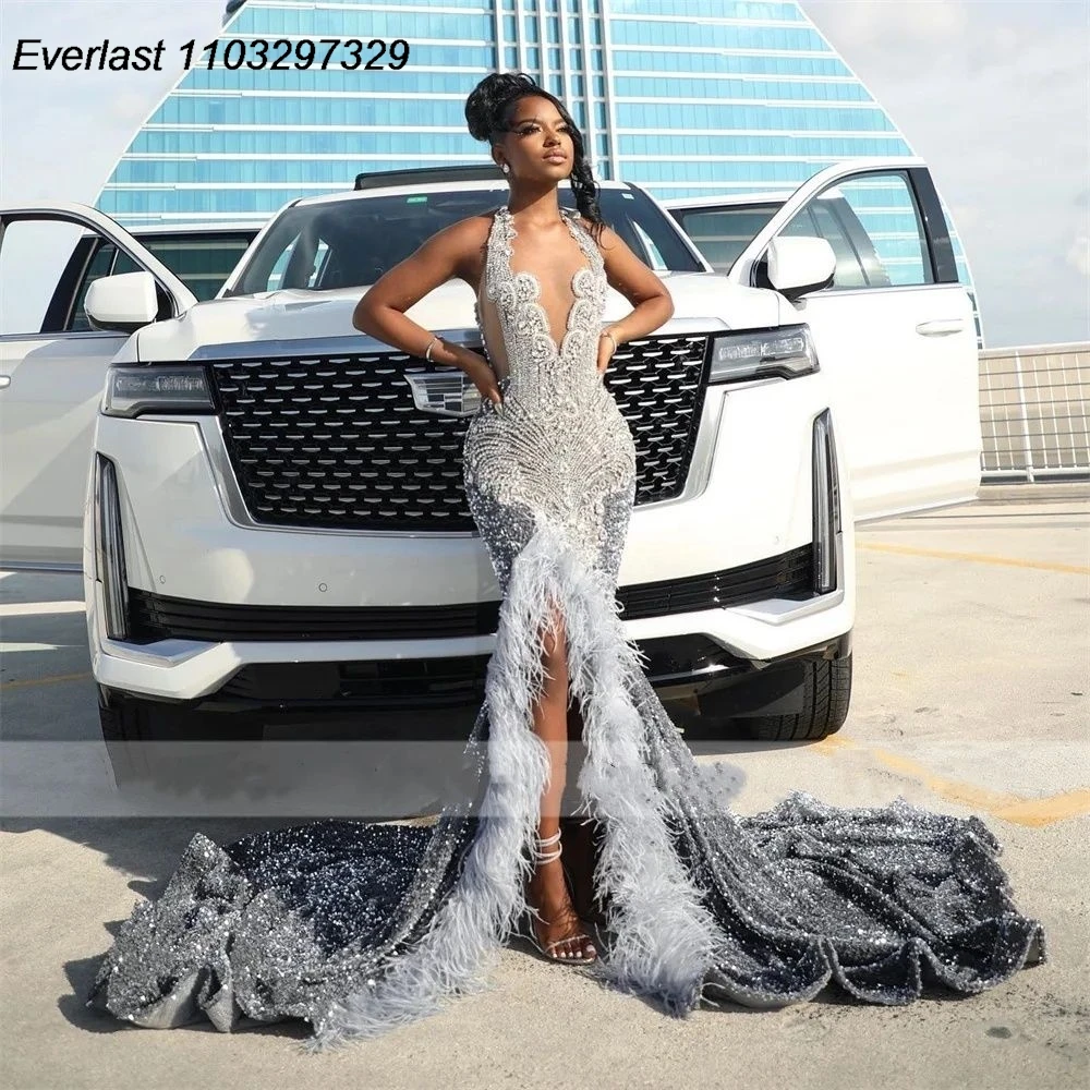 

EVLAST Silver Feather Halter Mermaid Prom Dress Sequins Beaded Crystal Side Split Birthday Party Gowns Robe De Soiree TPD43