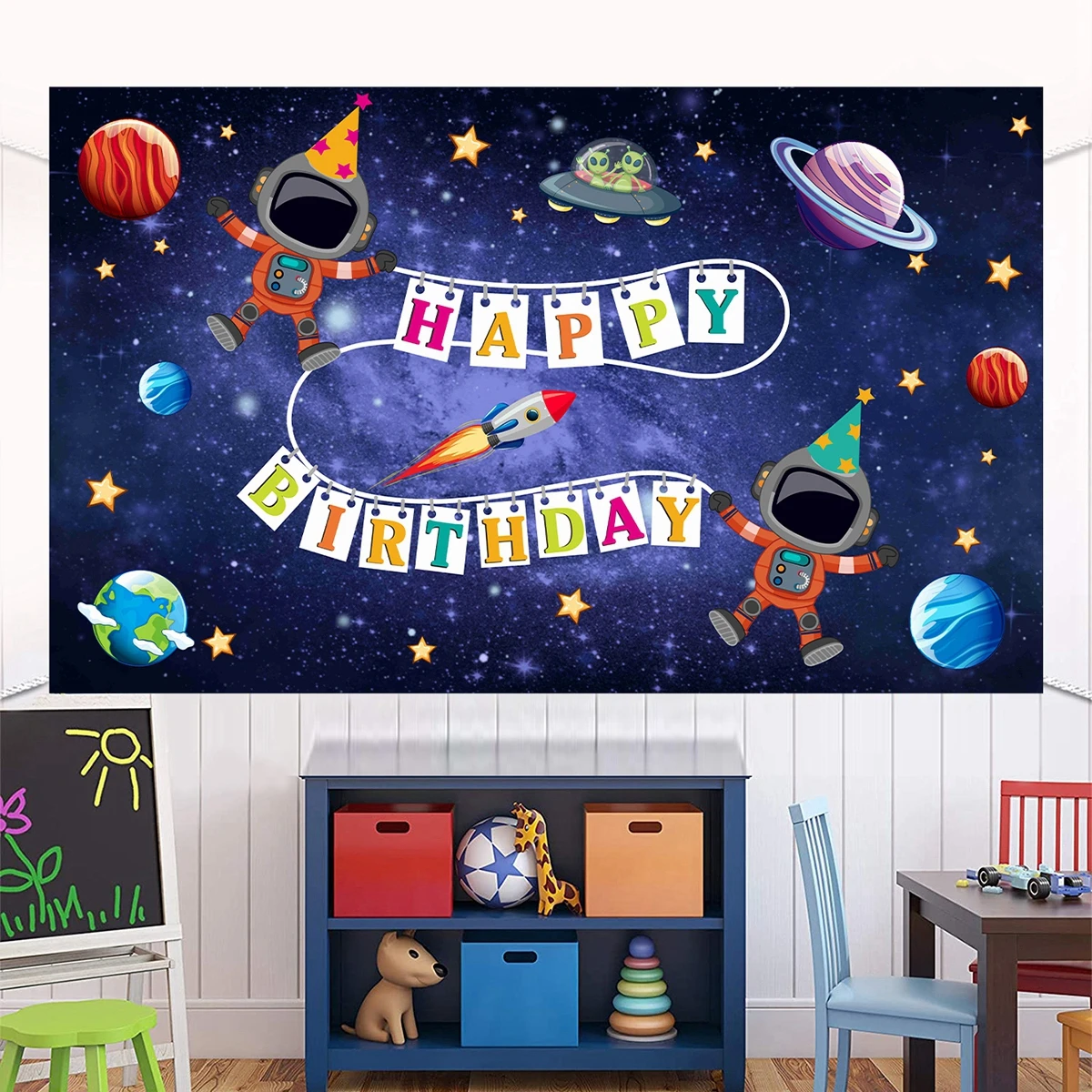 Universe Space Background Cloth Planet Spacecraft Astronaut Backdrop Baby Boy Birthday Party Decor Starry Sky Backdr