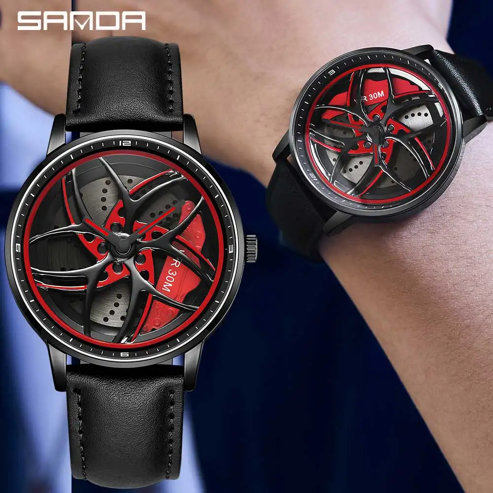 

Hot sell Fashion Luxury Men Watch Waterproof Steel Leather 360 Spinning Car Rim Wheel Dial Quartz Wristwatch Relogio Masculino