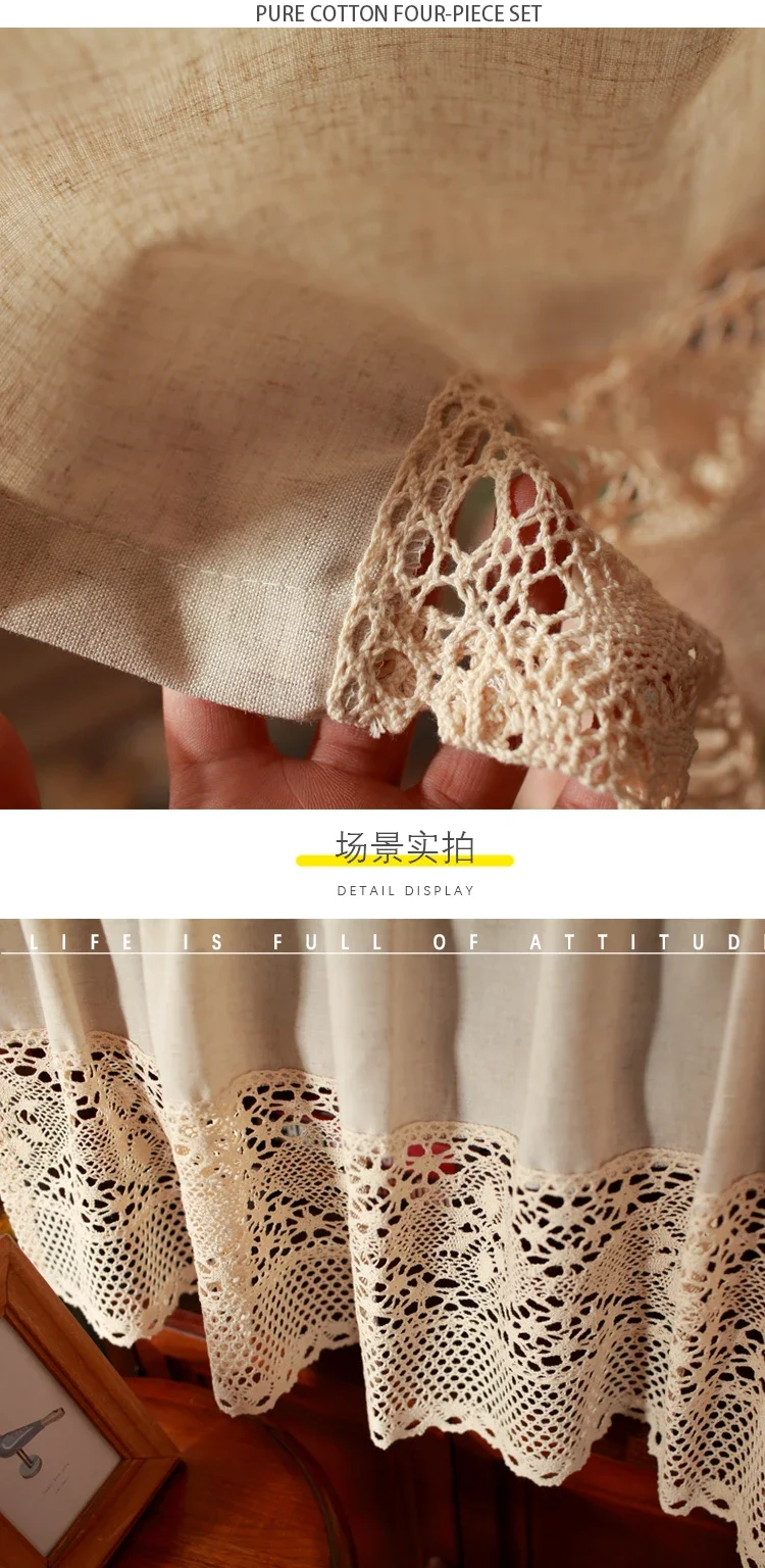Description Picture 6 of itemHandmade Cotton Linen Kitchen Short Curtains Crochet Lace Hollow Tassel Beige Valance Curtains Cafe Kitchen Door Window Drapes