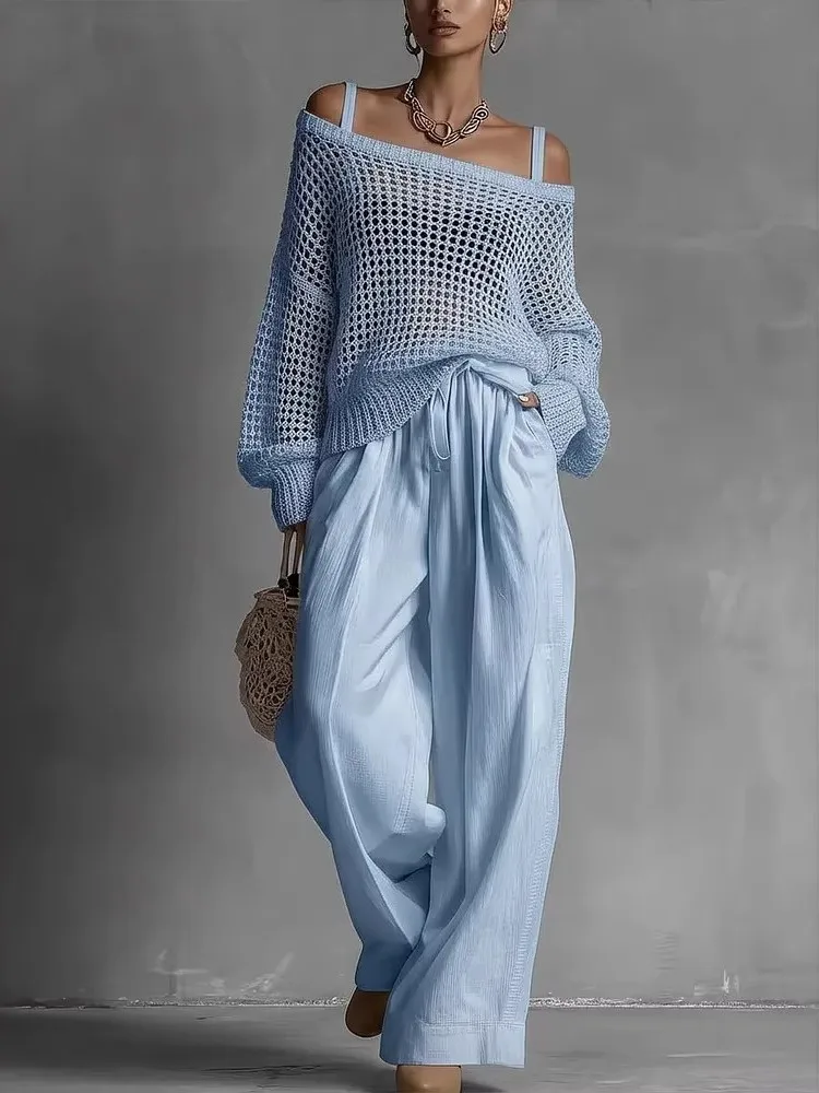 Ensembles décontractés en coton pour femmes : haut tricoté ajouré à manches longues et pantalon large à taille élastique – Tenue d'été et tenue de travail OL 1 Ensembles décontractés en coton pour femmes : haut tricoté ajouré à manches longues et pantalon large à taille élastique – Tenue d'été et tenue de travail OL 1