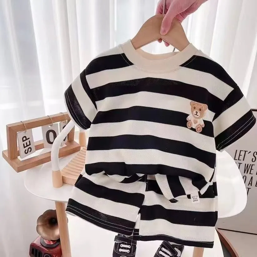 Short-sleeved Set Striped T-shirt +Shorts Boys Summer Trendy Costume Babies Fashion Round Neck Tracksuits Children's Clothing